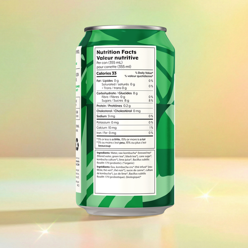 Green can with nutrition facts label on a colorful gradient background